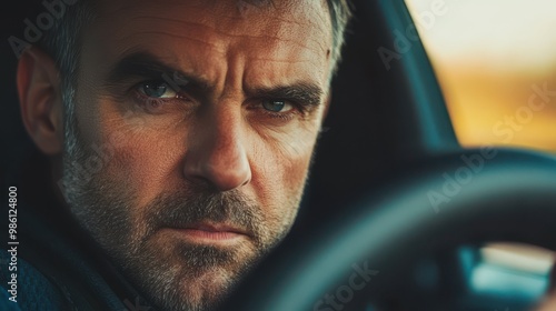 Close-up portrait of a middle-aged man driving a car, looking at the camera with a serious facial expression.