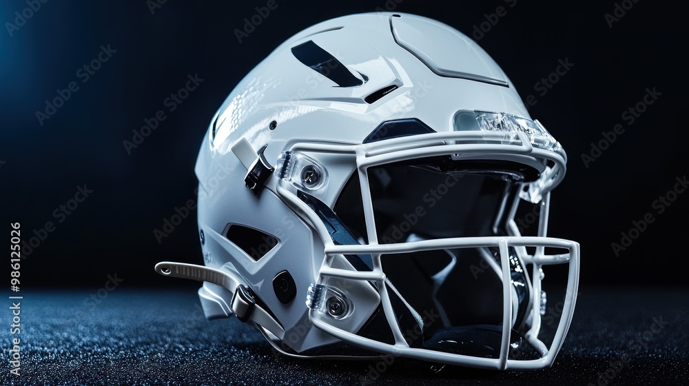 Fototapeta premium White American football helmet on a black textured surface.