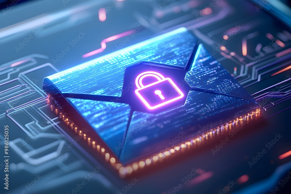 A futuristic, digital illustration of an open blue envelope icon with a glowing padlock symbol inside it on the right side of the screen. The background is dark. A futuristic, digital illustration of an open blue envelope icon with a glowing padlock symbol inside it on the right side of the screen. The background is dark.
