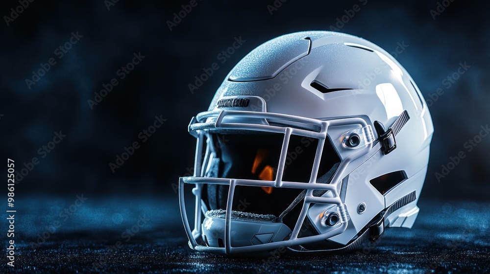 Fototapeta premium White American Football Helmet with Water Drops on a Dark Blue Background.