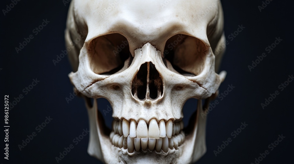 Close up of a human skull with teeth showing against a dark background. Close up of a human skull with teeth showing against a dark background.