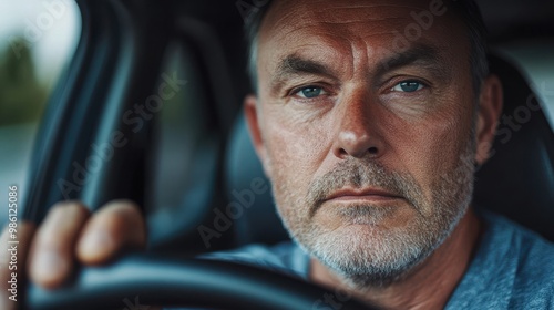 Close-up portrait of a middle-aged man driving a car, looking at the camera with a serious facial expression.