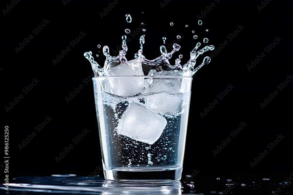 A glass of water with ice cubes, splashing and forming a crown shape in the air. The background is black, creating a cool atmosphere A glass of water with ice cubes, splashing and forming a crown shape in the air. The background is black, creating a cool atmosphere