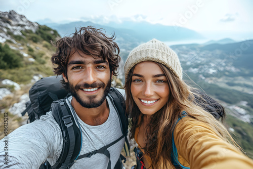 Mountaintop Paradise: A Happy Hikers Selfie at the Peak of Success