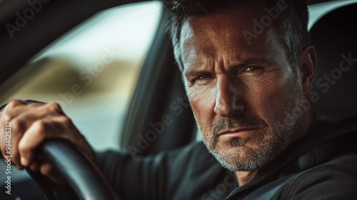 Close-up portrait of a middle-aged man driving a car, looking at the camera with a serious facial expression.