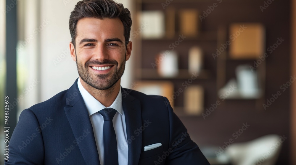 A smiling man in a suit poses confidently in a modern office setting. A smiling man in a suit poses confidently in a modern office setting.