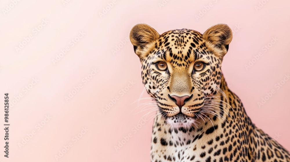 Naklejka premium A close-up portrait of a leopard against a soft pink background.
