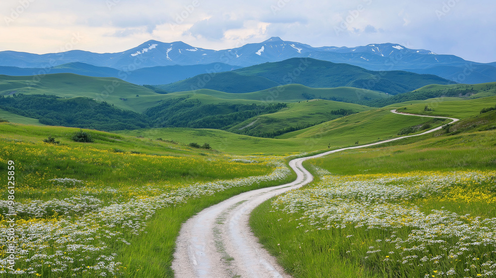 Fototapeta premium peaceful road with blooming asters along