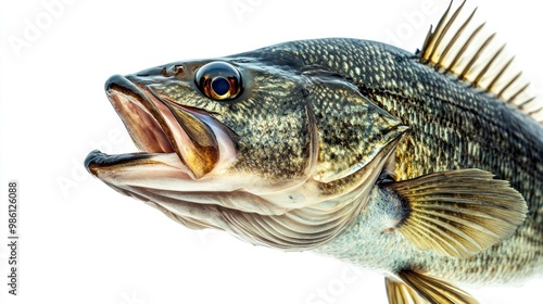 Close-up of a bass fish with an open mouth, showcasing its scales and dorsal fin.