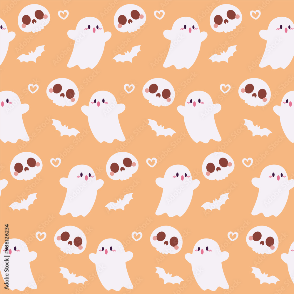 Obraz premium Cute Halloween Ghost and Skull Pattern on Orange Background. Adorable Halloween Ghosts, Skulls, and Bats Illustration.