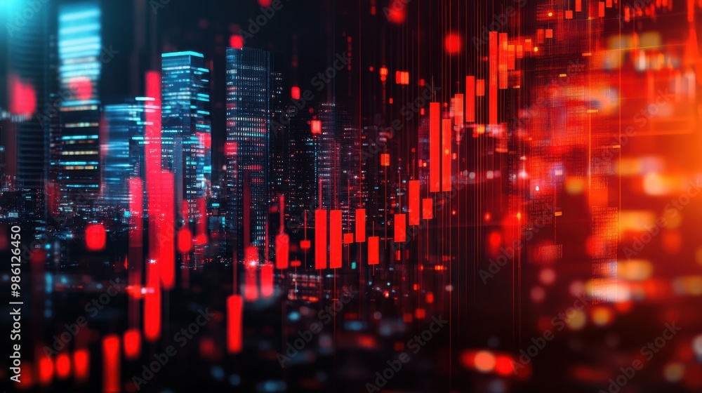 Product photo of a stock market chart with red candlestick bars on a city background. Product photo of a stock market chart with red candlestick bars on a city background.