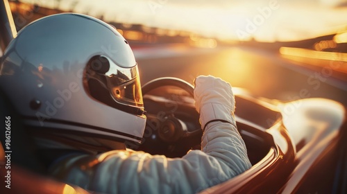 Close-up of a race car driver in a helmet driving a car at sunset on a racetrack.