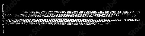 Grunge tire track, wheel braking marks. White truck, car or motorcycle tread pattern silhouette. Auto race, motorsport, speed racing design element. Vector illustration