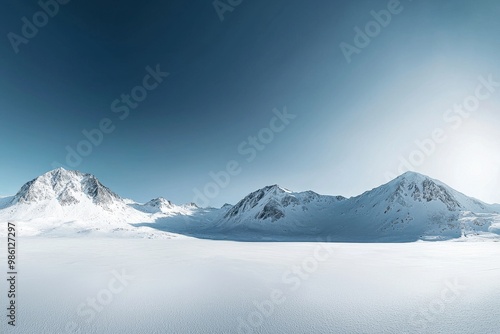 Wallpaper Mural Panoramic View Snow Covered Mountain Range. Mountainous Icy Peaks. Blue Sky Sunshine. Panorama  Landscape Background. Torontodigital.ca