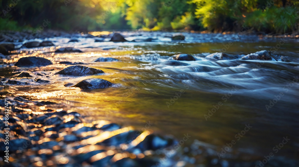 Naklejka premium Blurred bokeh of a calm, flowing river