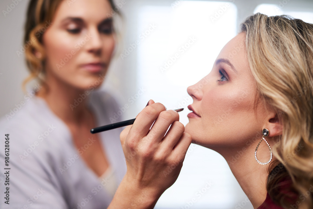 Woman, lips and pencil for makeup, beautician and cosmetics with facial transformation and foundation. Female person, lipliner and beauty in salon for face, aesthetic and clear smooth skin texture Woman, lips and pencil for makeup, beautician and cosmetics with facial transformation and foundation. Female person, lipliner and beauty in salon for face, aesthetic and clear smooth skin texture