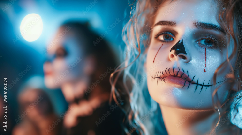 Portrait of a woman with skull makeup in a Halloween setting Portrait of a woman with skull makeup in a Halloween setting