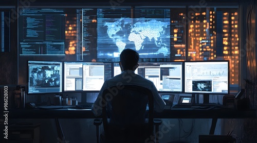 A Hacker Working at Night with Multiple Monitors Displaying Code, Data, and a World Map