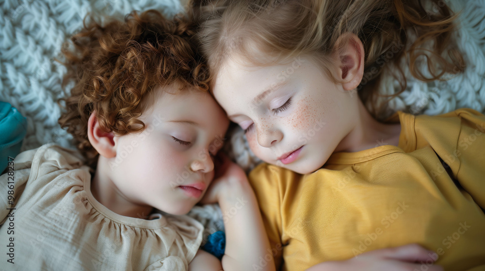 Young Siblings Napping Together in Cozy Bed