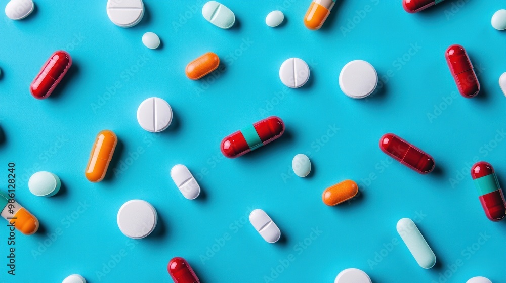 Assorted pills scattered on a blue background. Assorted pills scattered on a blue background.