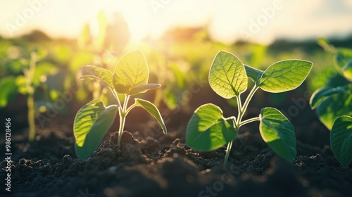 Close-up of green soybean sprouts growing in fertile soil against a warm sunset sky. photo