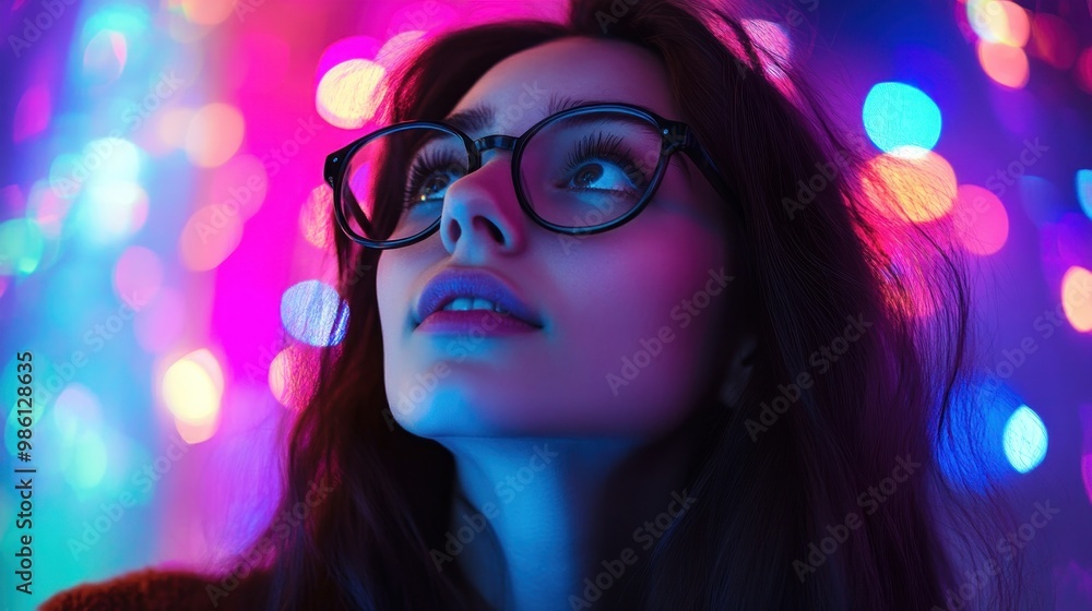Close-up of a woman with glasses looking up with colorful bokeh lights in the background. Close-up of a woman with glasses looking up with colorful bokeh lights in the background.
