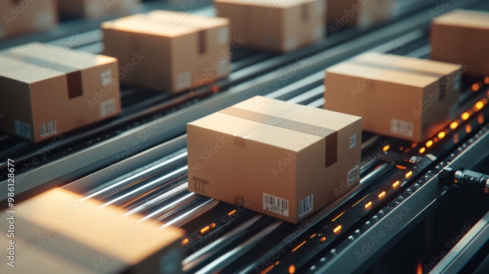 A conveyor belt with several cardboard boxes moving for sorting and distribution. A conveyor belt with several cardboard boxes moving for sorting and distribution.