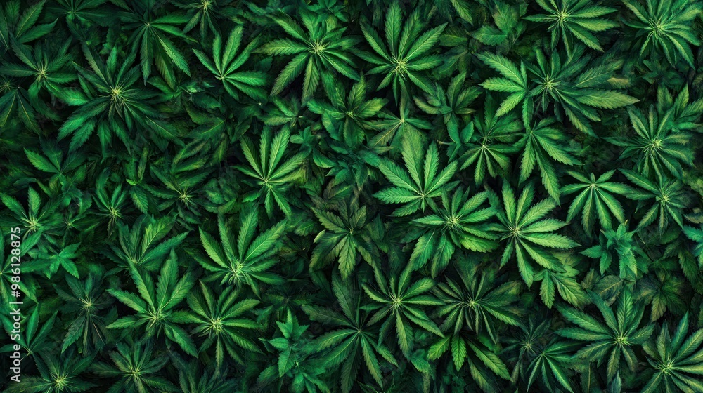 A top view of a dense cluster of green marijuana leaves. A top view of a dense cluster of green marijuana leaves.