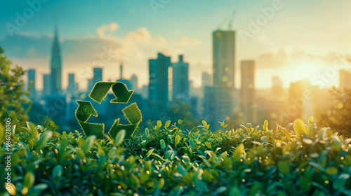 Circular economy concept with green recycling symbol and urban background photo