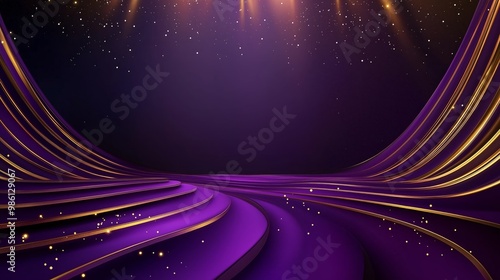 purple elegant stage backdrop with glitter gold light shin on floor, festive and celebration vibes
