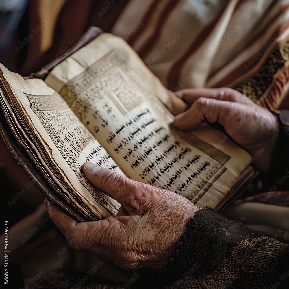 Naklejka premium Close-up of wrinkled hands holding an open, aged book.