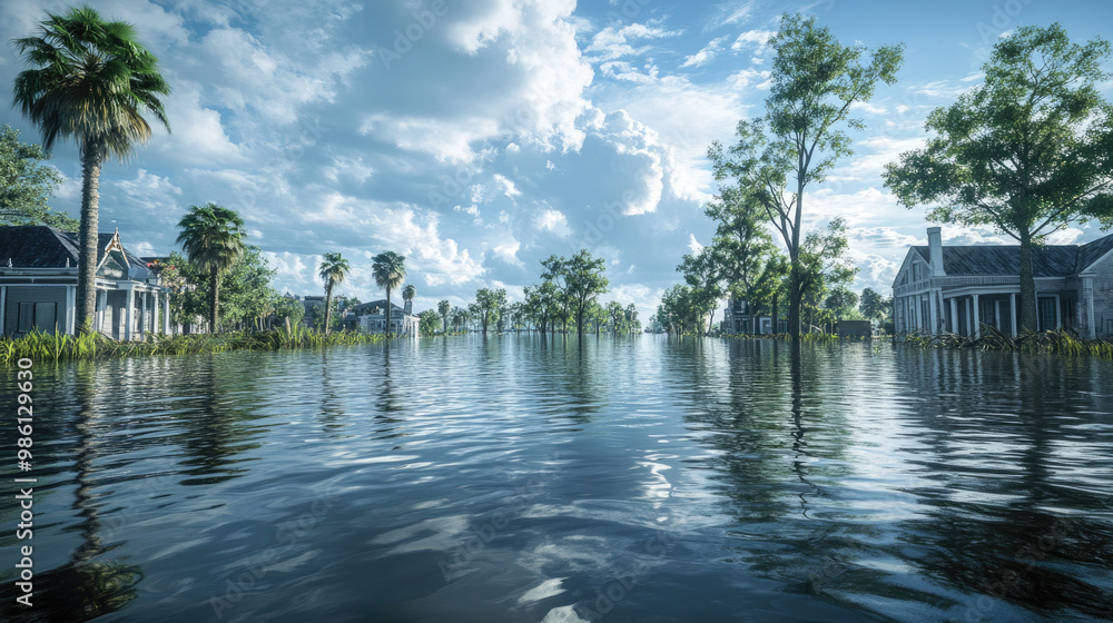 A coastal area submerged under water after a storm surge, with only the tops of trees and buildings visible, showcasing the devastating impact of rising sea levels and extreme weather events. A coastal area submerged under water after a storm surge, with only the tops of trees and buildings visible, showcasing the devastating impact of rising sea levels and extreme weather events.