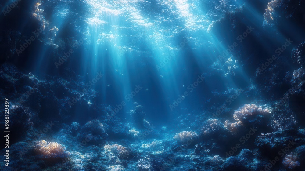 Fototapeta premium surreal underwater dreamscape bioluminescent sea creatures ethereal coral structures shimmering light rays deep ocean fantasy digital art masterpiece