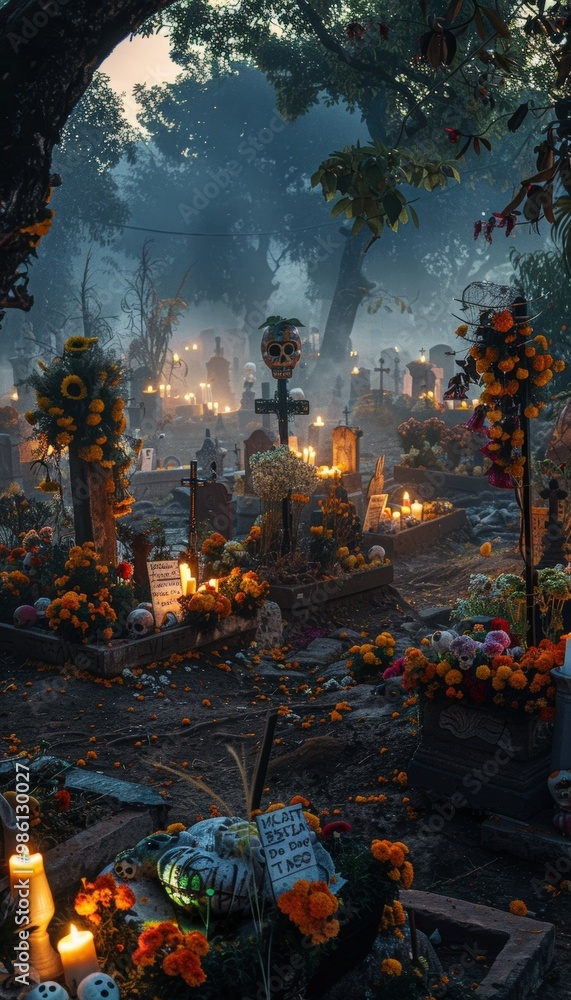 Obraz premium Día de los Muertos Morning Cemetery Scenery with Marigolds and Mist - Perfect for Autumn Posters