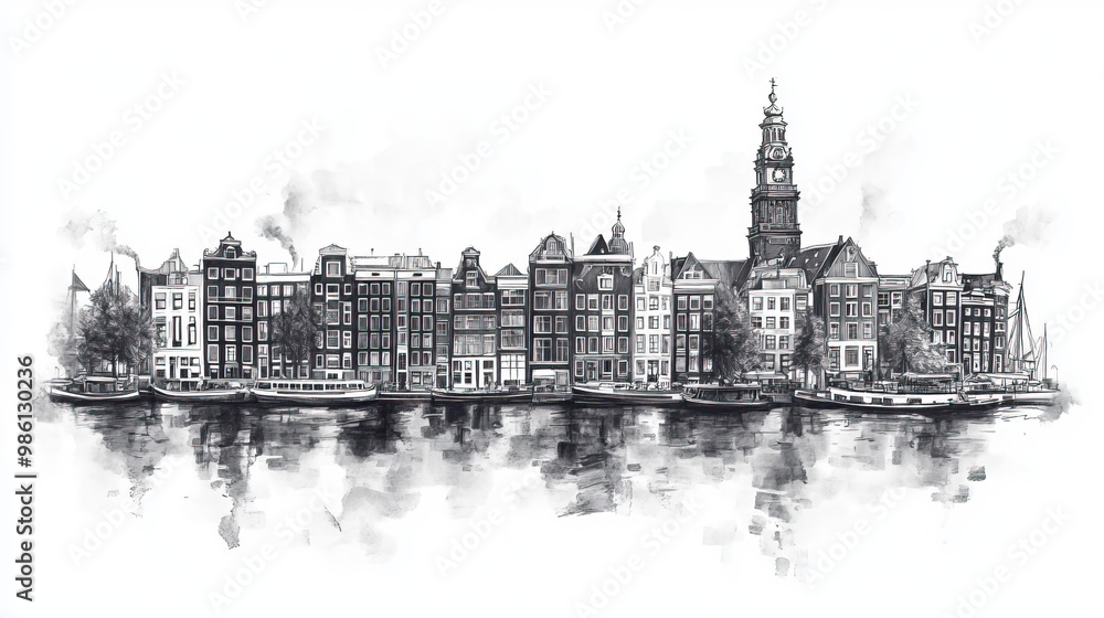 Fototapeta premium Amsterdam, Netherlands, black and white pen pencil hand-drawn effect drawing illustration for travel poster, card, wallpaper, backdrop or banner. Modern, clear, artistic and simple
