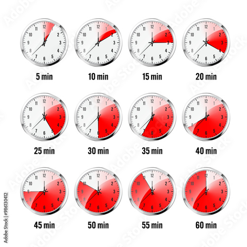 Wall clock, stopwatch icons. Shiny metal chronometer, time counter with dial. Red countdown timer showing minutes and seconds. Time measurement for sport, start and finish. Vector illustration