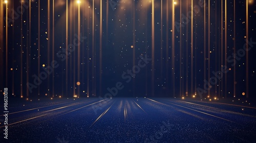 show case stage with gold  spotlights shimmering shining on stage with glitter glow dark blue background , luxurious stage idea for mock up	
