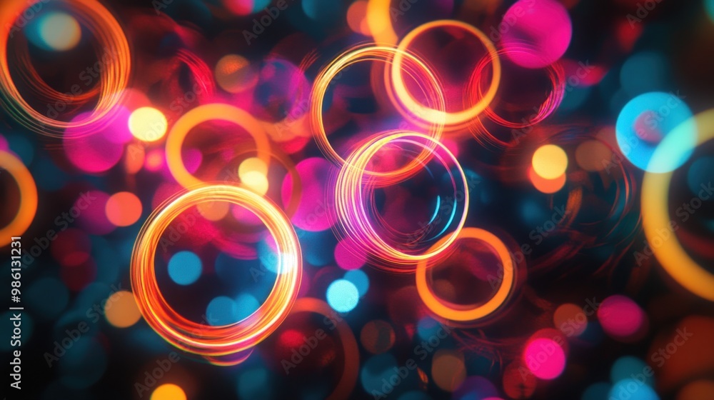 Abstract circular shapes of pink, blue, and orange glowing lights on a dark background. Abstract circular shapes of pink, blue, and orange glowing lights on a dark background.