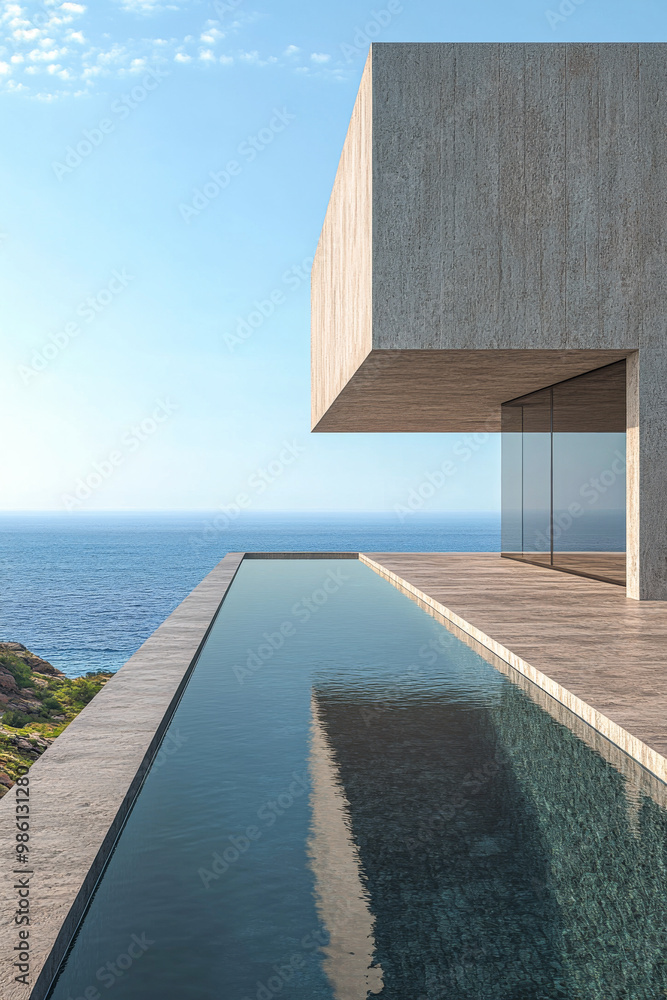 Contemporary architecture featuring a sleek terrace overlooking a serene coastal landscape during twilight hours Contemporary architecture featuring a sleek terrace overlooking a serene coastal landscape during twilight hours