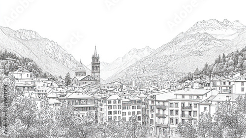 Andorra la Vella, Andorra, black and white pen pencil hand-drawn effect drawing illustration for travel poster, card, wallpaper, backdrop or banner. Modern, clear, artistic and simple
