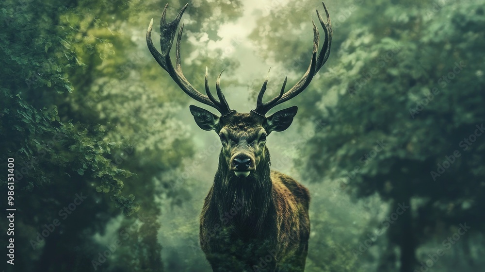 Fototapeta premium A deer with large antlers fades into a lush forest in a double exposure, symbolizing the wilderness.