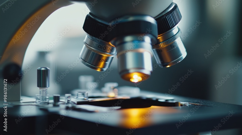 Close-up of a microscope showcasing its lenses and illuminated slide for scientific examination. Close-up of a microscope showcasing its lenses and illuminated slide for scientific examination.