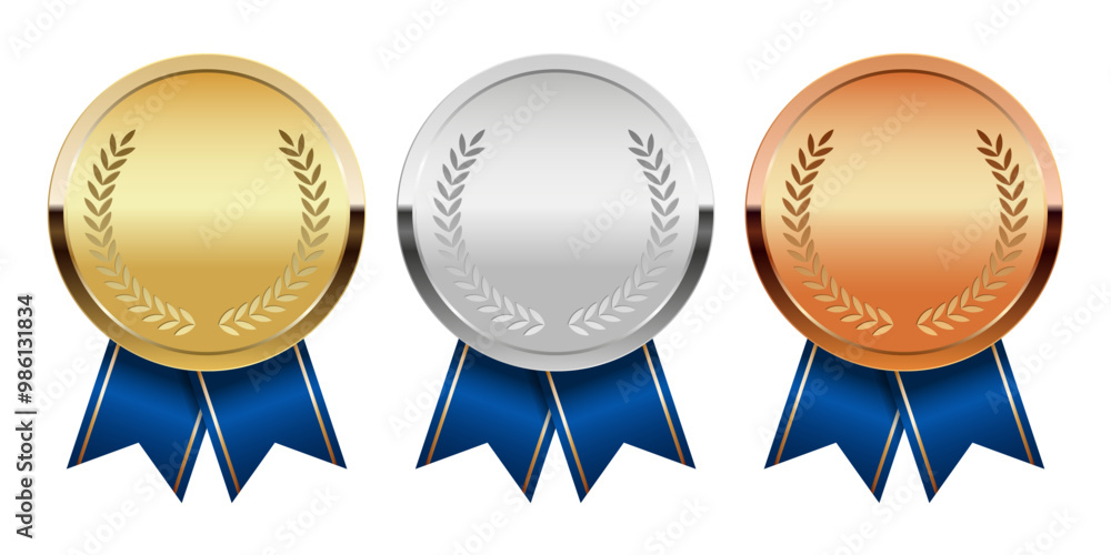 Golden silver and bronze award medal with ribbons for sport and games Golden silver and bronze award medal with ribbons for sport and games