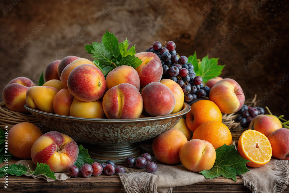 Still life with grapes, oranges and peaches in a bowl on a table Still life with grapes, oranges and peaches in a bowl on a table