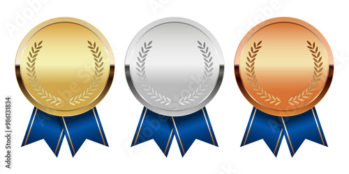 Golden silver and bronze award medal with ribbons for sport and games