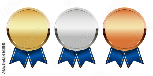 Golden silver and bronze award medal with ribbons for sport and games