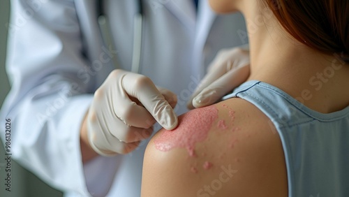 a doctor examines a patient with a skin condition photo