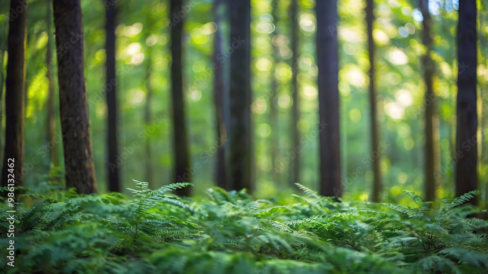 Obraz premium Blurred bokeh of a lush, green forest