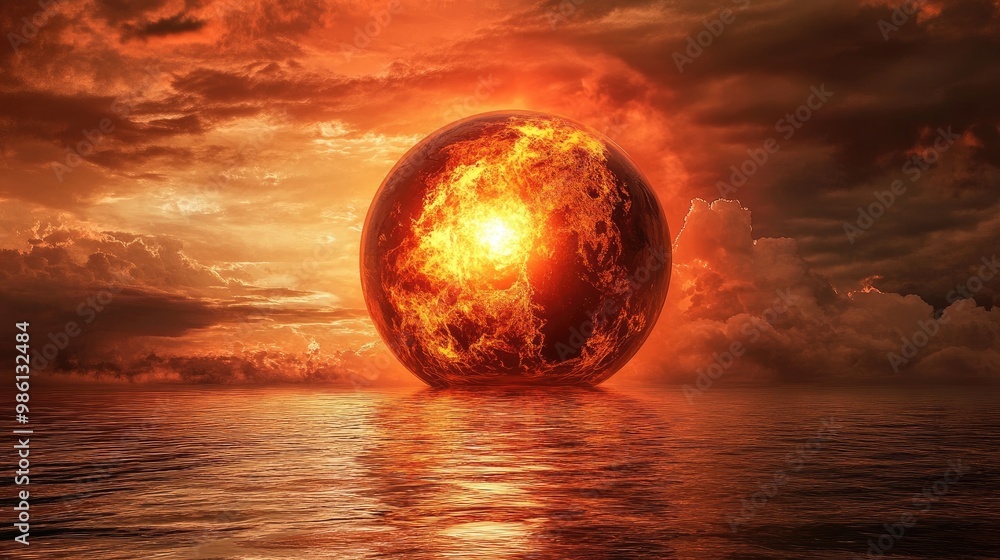 A fiery globe symbolizes the planet's destruction due to global warming and the need for environmental action. A fiery globe symbolizes the planet's destruction due to global warming and the need for environmental action.