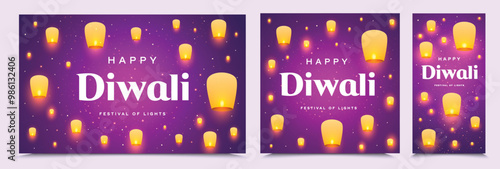 Happy Diwali Light Festival Greeting Card Background Vector. India Diwali Festival Of Lights Banner with Sky Lanterns, Floating Lamps, Flying Lights, Diya Illustration. 